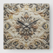 Quilted Cream Gray Ornate Arabesque スクエア壁時計 (正面)