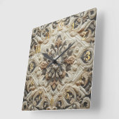 Quilted Cream Gray Ornate Arabesque スクエア壁時計 (傾斜)