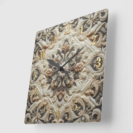Quilted Cream Gray Ornate Arabesque スクエア壁時計 (傾斜)
