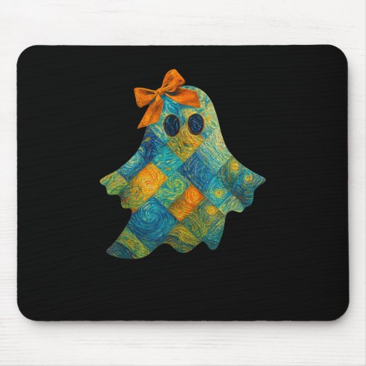 Quilted Ghost With Orange Bow Halloween Design  マウスパッド (正面)