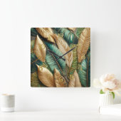 Quilted Gold Green Tropical Leaves Design スクエア壁時計 (ホーム)