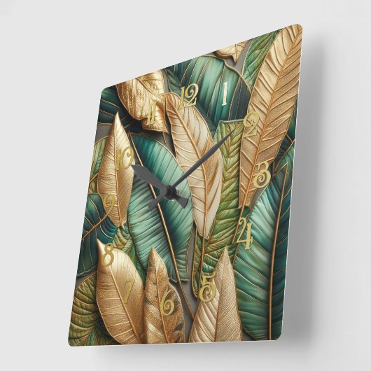Quilted Gold Green Tropical Leaves Design スクエア壁時計 (傾斜)
