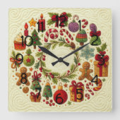 Quilted Look Christmas Motifs スクエア壁時計 (正面)