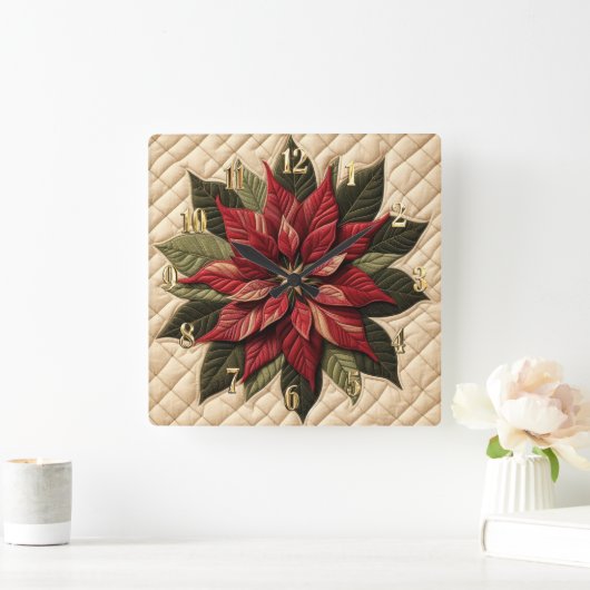 Quilted Pattern Poinsettia Cream スクエア壁時計 (ホーム)