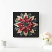 Quilted Pattern Poinsettia Red Green Black スクエア壁時計 (ホーム)