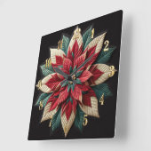 Quilted Pattern Poinsettia Red Green Black スクエア壁時計 (傾斜)
