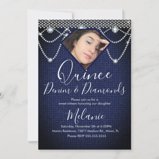 Quince Denim Diamonds Gem Pearls写真 招待状 (正面)