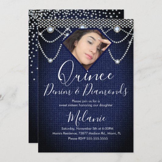 Quince Denim Diamonds Gem Pearls写真 招待状 (正面/裏面)