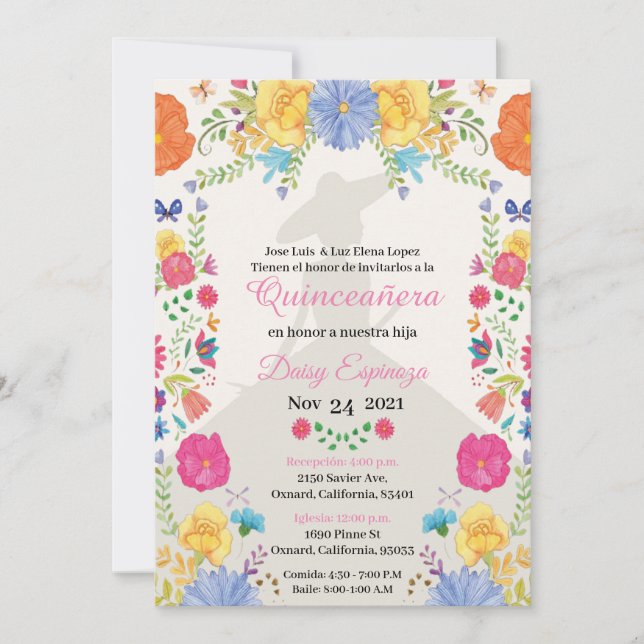 Quinceañera Invitation multi color, flowers  (正面)