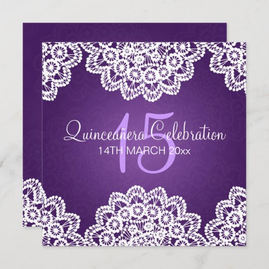 Quinceañeraのお祝いのパーティーのヴィンテージのレースの紫色 招待状 (正面/裏面)
