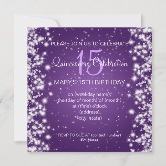 Quinceañeraのパーティーの冬の輝きの紫色 招待状 (裏面)