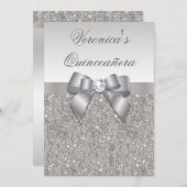Quinceañeraの魅力的なフェイクな銀製のスパンコールおよび弓 招待状 (正面/裏面)