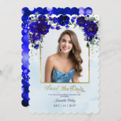 Quinceanera日付を保存フォトブルー王室の金ゴールド 招待状 (正面/裏面)