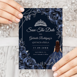 Quinceanera ネイビーシルバーの蝶とバラ セーブザデート