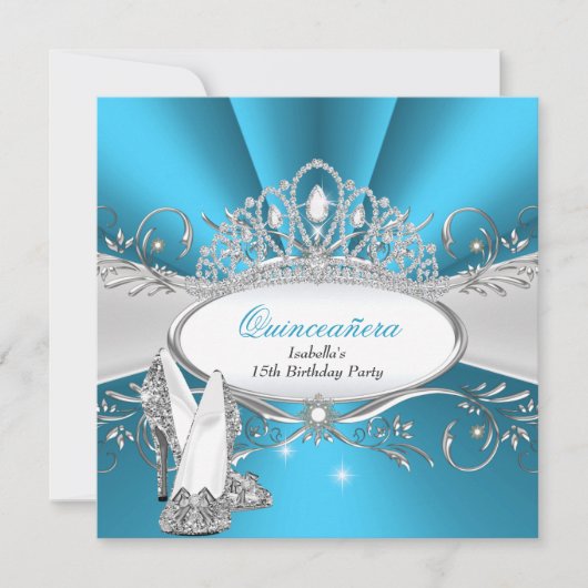 QUINCEANERA ハイヒール 青いダイヤモンド ティアラ 招待状 (正面)