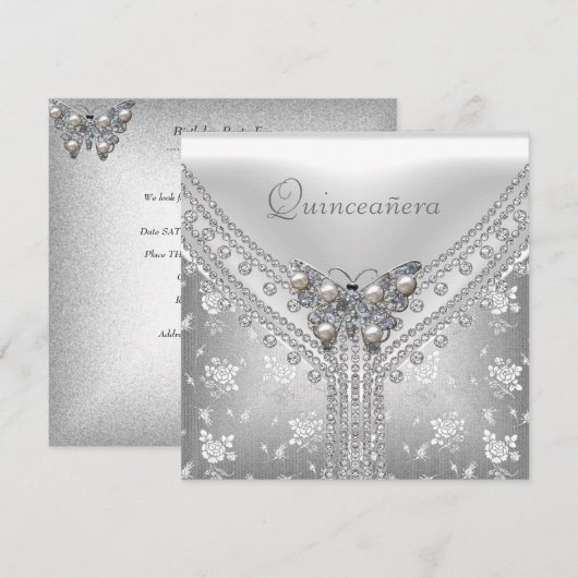 Quinceanera バースデーパーティー シルバー ホワイト 蝶 招待状 (正面/裏面)