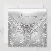 Quinceanera バースデーパーティー シルバー ホワイト 蝶 招待状 (正面)