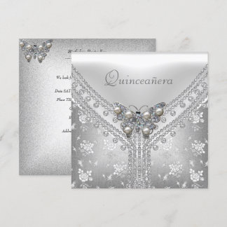 Quinceanera バースデーパーティー シルバー ホワイト 蝶 招待状
