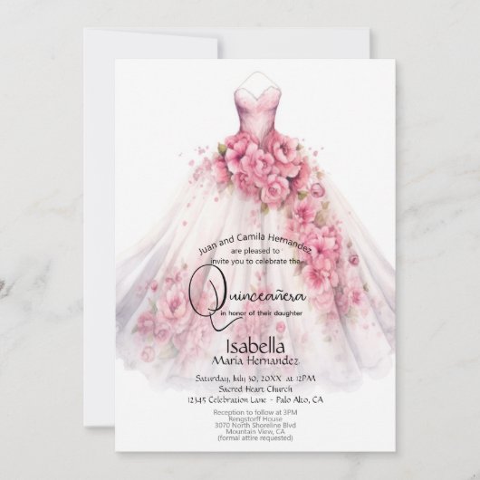 Quinceañera | ピンクの花柄ドレス 招待状 (正面)