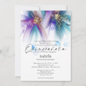 Quinceanera | 印象的なターコイズパープルアブストラクト 招待状 (正面)