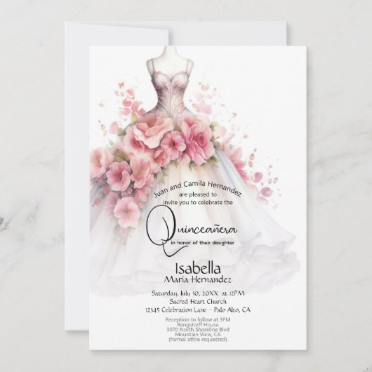 Quinceañera | 白とピンクの椿ドレス 招待状 (正面)