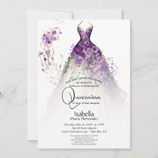 Quinceañera | 紫の花柄ドレス 招待状 (正面)