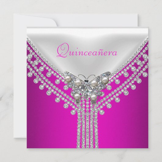 Quinceañera 誕生日会 ピンク 白 蝶 招待状 (正面)