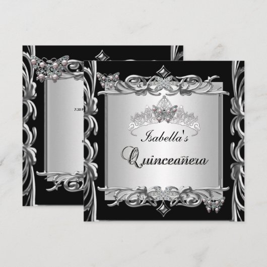 Quinceanera 15歳の誕生日 バタフライ シルバー ブラック 招待状 (正面/裏面)