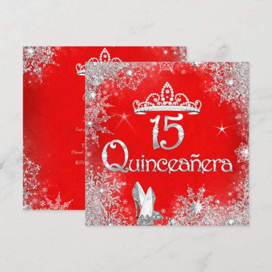 Quinceanera 15歳 赤 銀色の雪の結晶 パーティー 2 招待状 (正面/裏面)