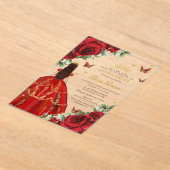 Quinceañera 15 Sweet 16 Red Roses Flowers Floral アクリル招待状 (レイダウン)