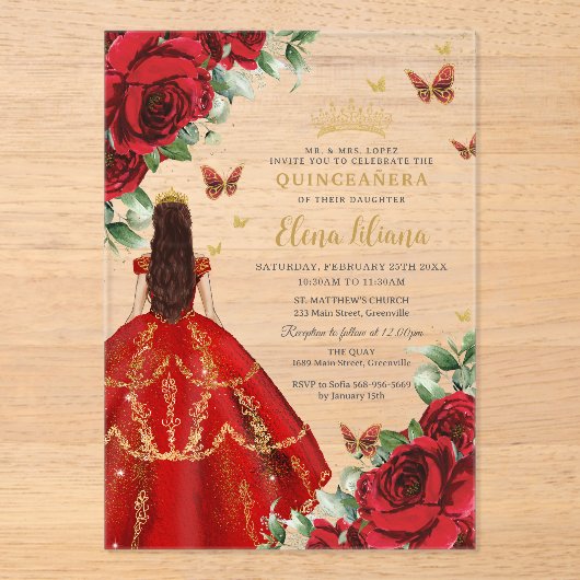 Quinceañera 15 Sweet 16 Red Roses Flowers Floral アクリル招待状 (正面)
