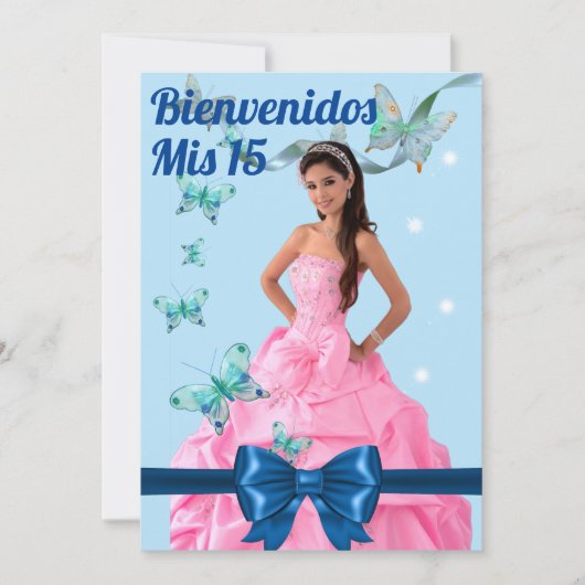  QUINCEAÑERA 15th BIRTHDAY CARD, BLUE BUTTERFLY 招待状 (正面)