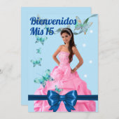  QUINCEAÑERA 15th BIRTHDAY CARD, BLUE BUTTERFLY 招待状 (正面/裏面)