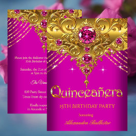 Quinceanera 15th Birthday Exotic Fuchsia Pink Gold 招待状
