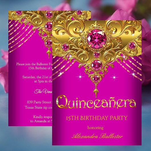 Quinceanera 15th Birthday Exotic Fuchsia Pink Gold 招待状