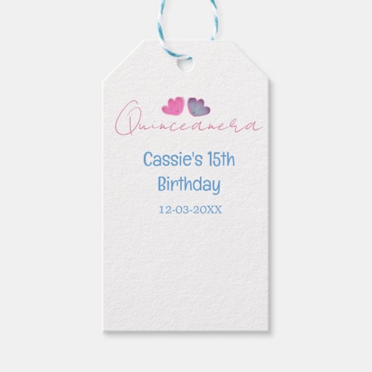 quinceanera 15th birthday name blue pink flower da ギフトタグ (正面)