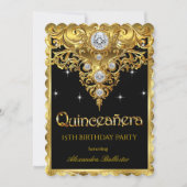 Quinceanera 15th Birthday Ornate Exotic Black Gold 招待状 (正面)