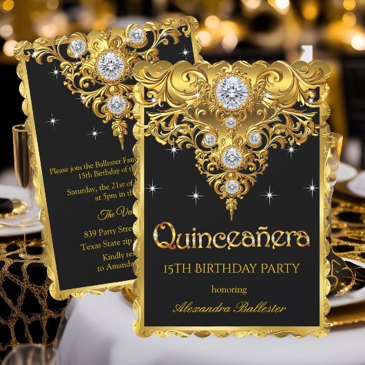 Quinceanera 15th Birthday Ornate Exotic Black Gold 招待状
