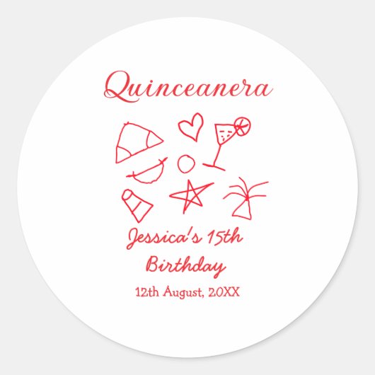 Quinceanera 15th birthday red beach party tree sun ラウンドシール (正面)