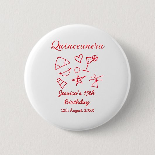 Quinceanera 15th birthday red beach party tree sun 缶バッジ (正面)