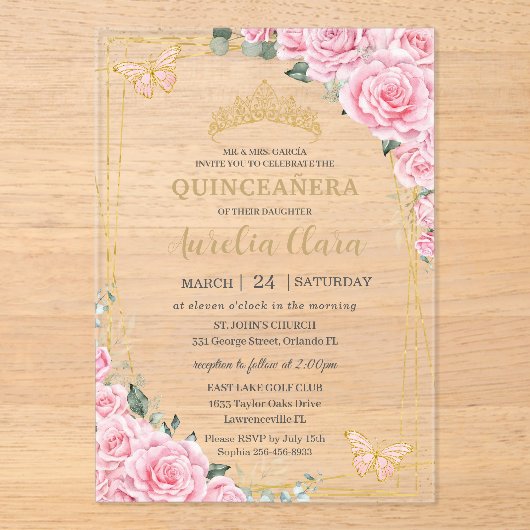Quinceanera 16 Pink Roses Floral Gold Butterflies アクリル招待状 (正面)