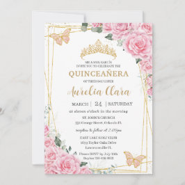 Quinceanera 16 Pink Roses Floral Gold Butterflies 招待状