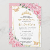 Quinceanera 16 Pink Roses Floral Gold Butterflies 招待状 (正面/裏面)
