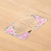 Quinceanera 16th Pink Floral Princess Rose Gold アクリル招待状 (レイダウン)