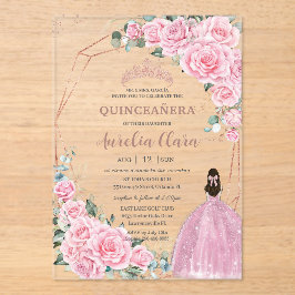Quinceanera 16th Pink Floral Princess Rose Gold アクリル招待状