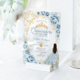 Quinceanera Baby Blue Gold Floral アクリル招待状