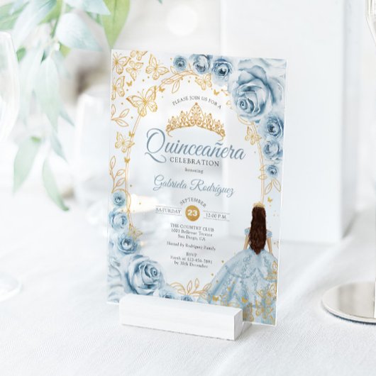 Quinceanera Baby Blue Gold Floral アクリル招待状