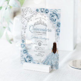 Quinceanera Baby Blue Silver Floral アクリル招待状