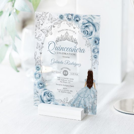 Quinceanera Baby Blue Silver Floral アクリル招待状