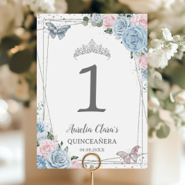 Quinceañera Birthday Baby Blue Soft Pink Floral テーブルナンバー